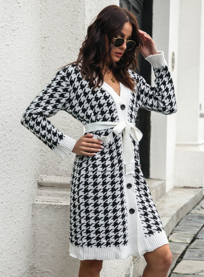 Cardigan Houndstooth Single-breasted Knitted Dress