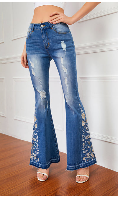 3D Embroidered Trousers Flared Jeans