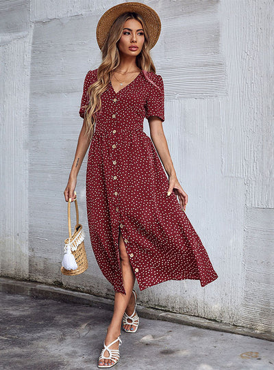 Button Dot V-neck Short Sleeve Dress