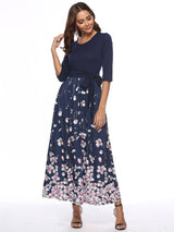 Round Neck Cropped Sleeve Long Printed Dress