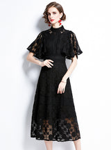 Black Lace High Neck Short Sleeve Dress