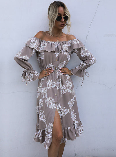 Long Sleeve Printed Flounce Dress