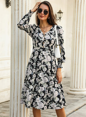 Button V-neck Long Sleeve Printed Dress