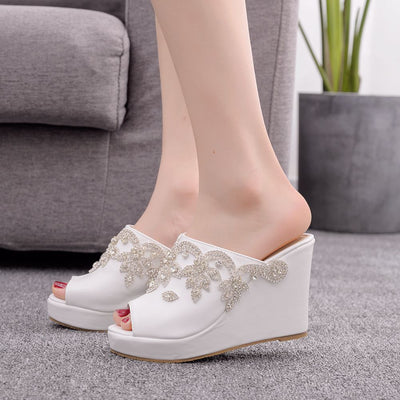 White Rhinestone Fish Mouth Wedge Slippers