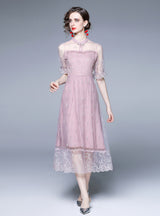 Retro Embroidered Gauze Lace Purple Dress