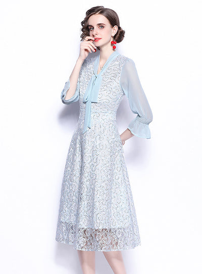 Lace Chiffon Stitching Slim Bow Dress