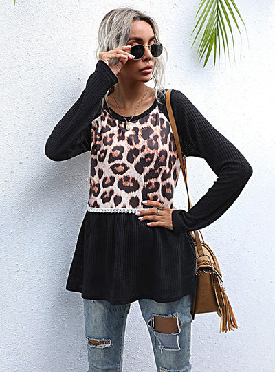 Long Sleeve Leopard Print Black T-shirt