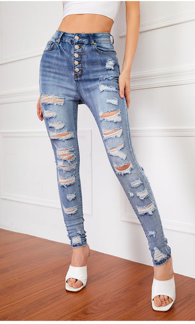 Holes Slim Body Elastic Pencil Pants Jean