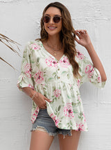 V-neck Printed Lotus Leaf Sleeves T-shirt