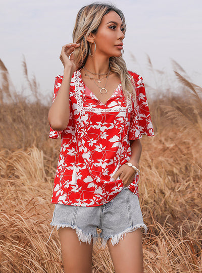 Red Printed Short-sleeved Lace-up V-neck Shirt