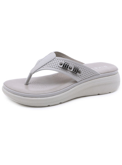 Metal Button Hollow Wedge Heel Flip-flops