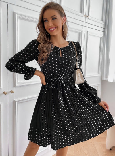 Retro Polka-dot Round Neck Long Sleeve Pleated Dress