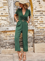 Short Sleeve V-neck Polka-dot Jumpsuit