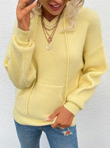 Hooded Pocket Solid Color Sweater