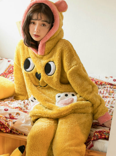 Yellow Bear Coral Velvet Pajamas Female Winter