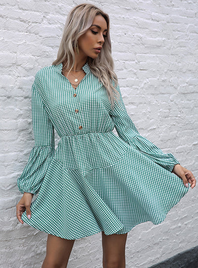 Printed Plaid Long Sleeve Collar Dress