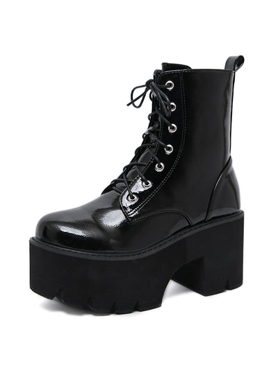 Ladies Chunky Wedge Platform Black Patent Leather Ankle Boots