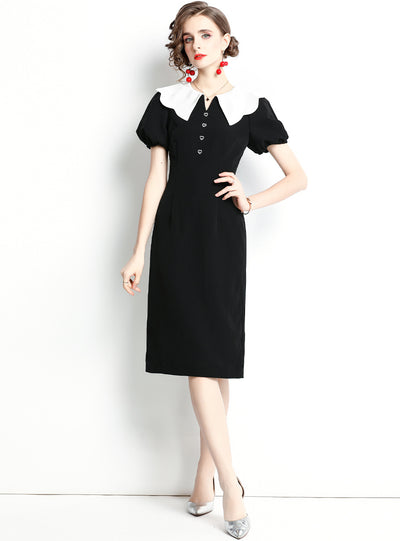 Retro Lantern Sleeve Slim Short Sleeve Black Dress