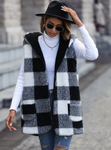 Hooded Sleeveless Plaid Fleece Loose Coat