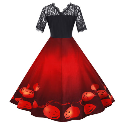 Halloween Lace Short Sleeve Print Dress