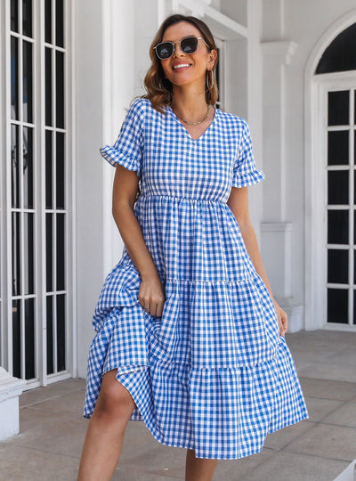 Plaid V-neck Short Sleeve Dress