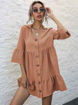 Cotton Linen Lapel Sleeves Dress