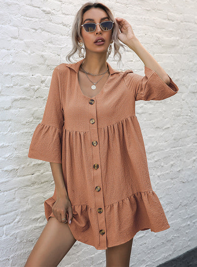 Cotton Linen Lapel Sleeves Dress