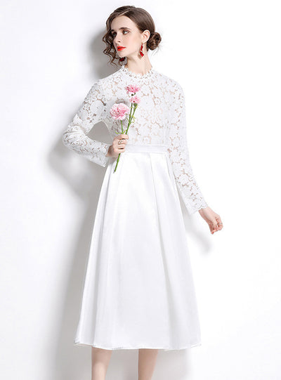 Long SLeeve Lace Stitching Satin Dress