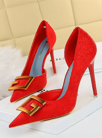 Shallow Pointed Square Buckle High Heels