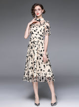 Retro Floral Waist Slim Gauze Dress