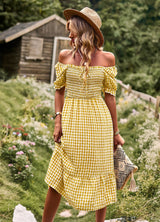 Leisure Holiday Off the Shoulder Plaid Dress