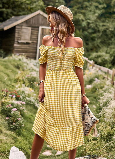 Leisure Holiday Off the Shoulder Plaid Dress