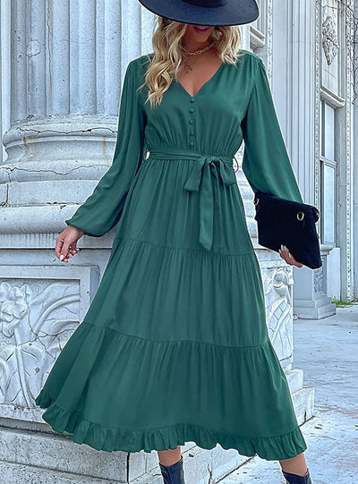 Long Sleeve V-neck Pleated Green Dress