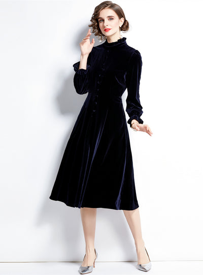 Velvet Wooden Ear Collar Mid-length Dress