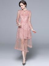 Pink LaceEmbroidered Irregular Gauze Dress