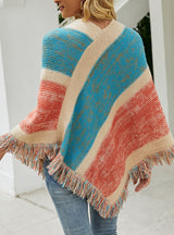 Colored Striped Knitted Cloak Fringed Shawl