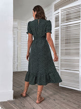 Long V-neck Retro Polka Dot Print Dress