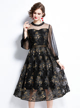 Round Neck Stitching Gauze Embroidery Dress