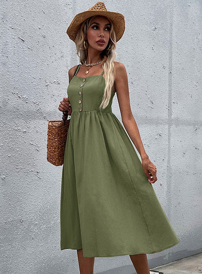 Button Sling Sleeveless A-line Dress