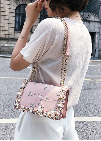 PU Leather Sweet Girl Square bag Flower Pearl Chain