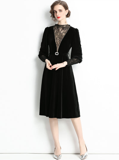 Retro Bubble Sleeve Lace Velvet Dress