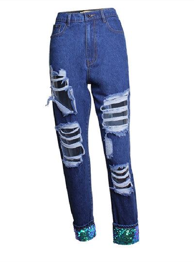 Straight Paillette Beggar Big Holes Jeans