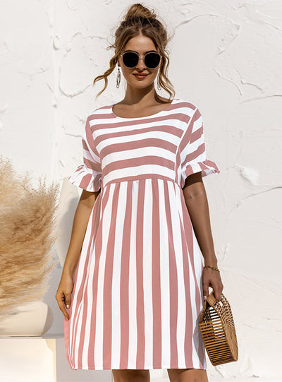 Cute Loose Striped Print Ruffles Sleeves Dresses