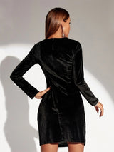 Hollow Slim Long Sleeve Velvet Dress