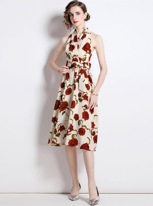 Retro Floral Backless Sleeveless Dress