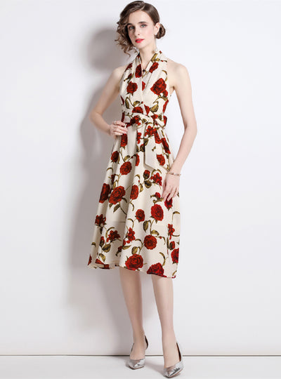 Retro Floral Backless Sleeveless Dress