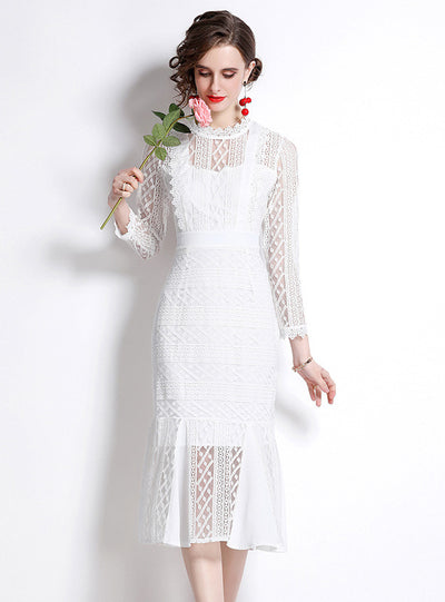 White Lace Openwork Stand Collar Dress