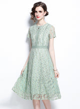 Green Round Neck Short Sleeve Openwork Lace Dress