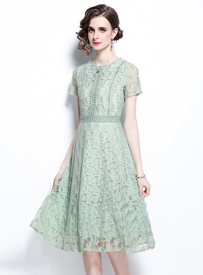 Green Round Neck Short Sleeve Openwork Lace Dress