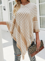 Knitwear Striped Tassel Cloak Shawl Coat